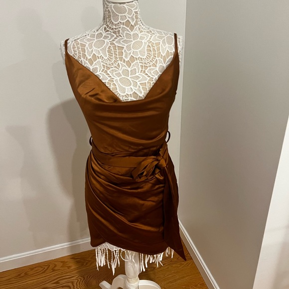 NWOT Satin Ruched Mini Dress Brown Camel - Picture 3 of 8